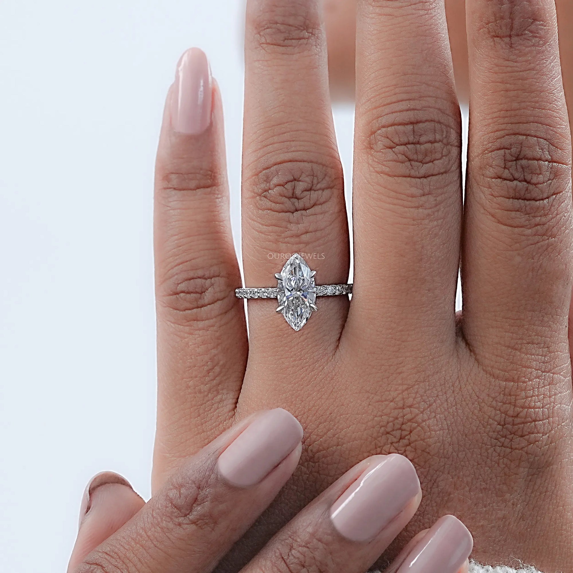 Marquise Diamond Solitaire Accent Hidden Halo Engagement Ring Rings