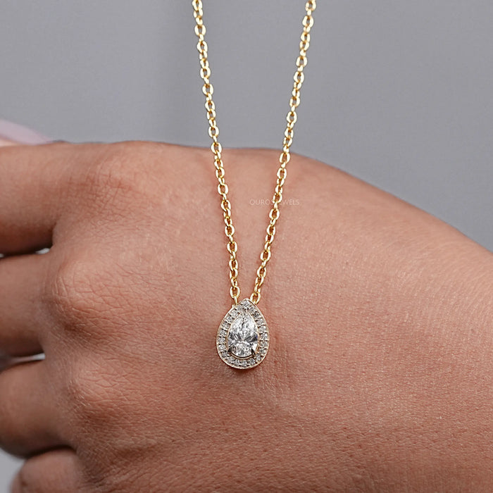 Pear Cut Lab Diamond Halo Pendant Necklaces