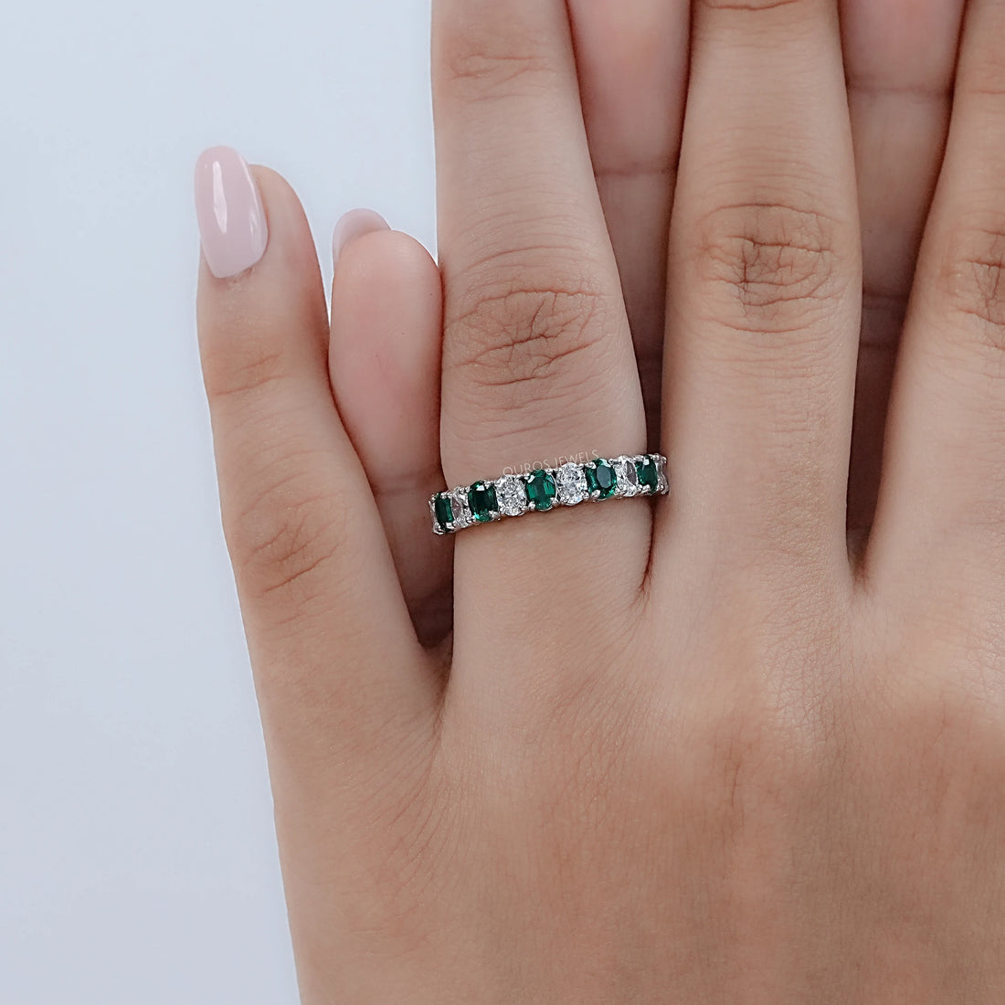 Green Oval Gemstone Half Eternity Wedding Band Rings
