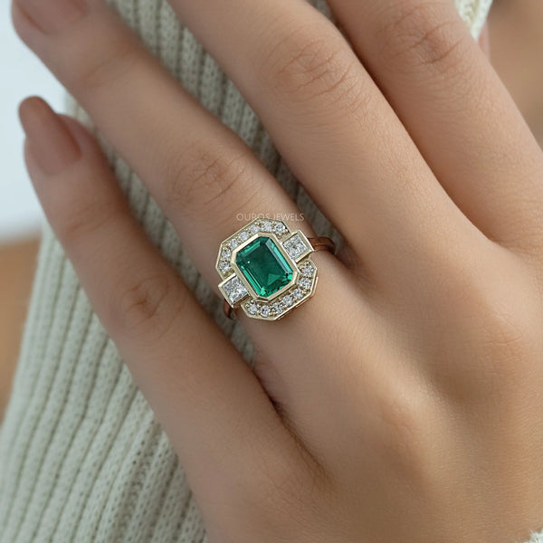 Three Stone Emerald Gemstone Halo Ring