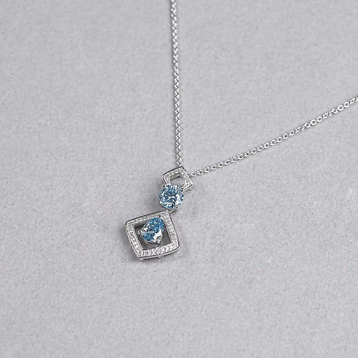 Blue Pear Diamond Halo Floating Pendant Necklaces
