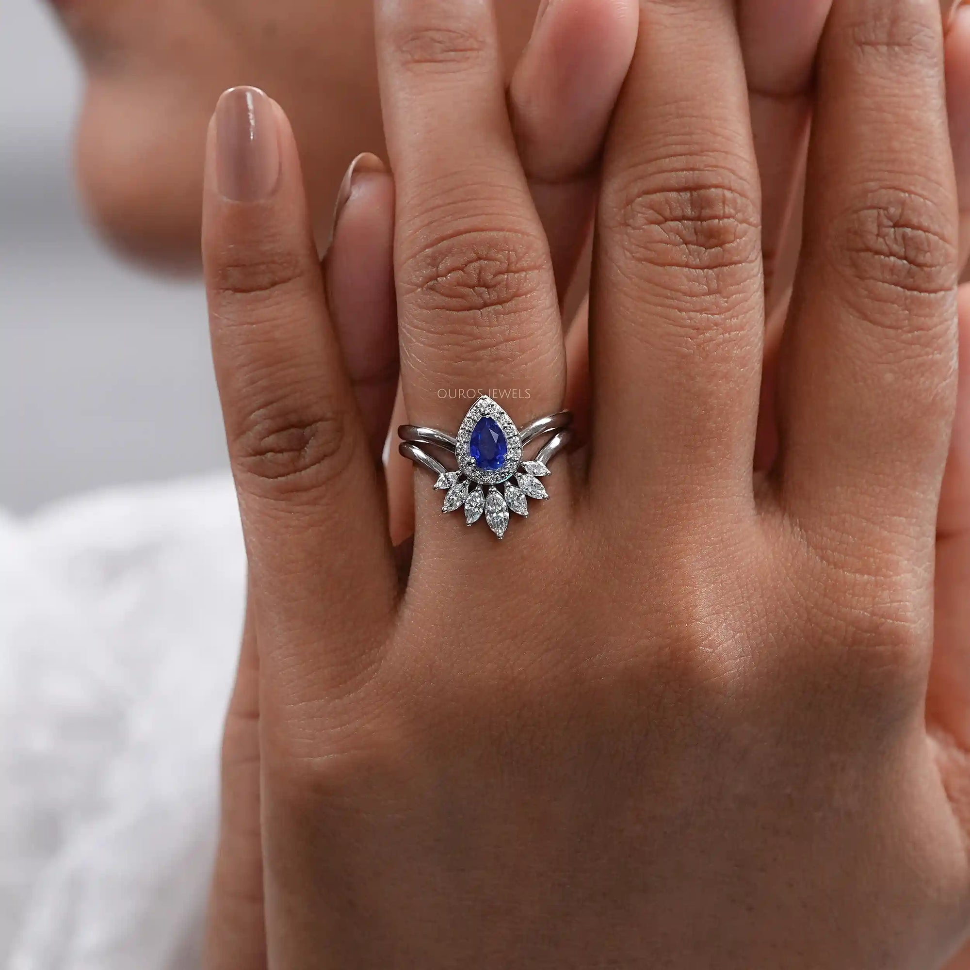 Sapphire Pear Gemstone Curved Wedding Ring