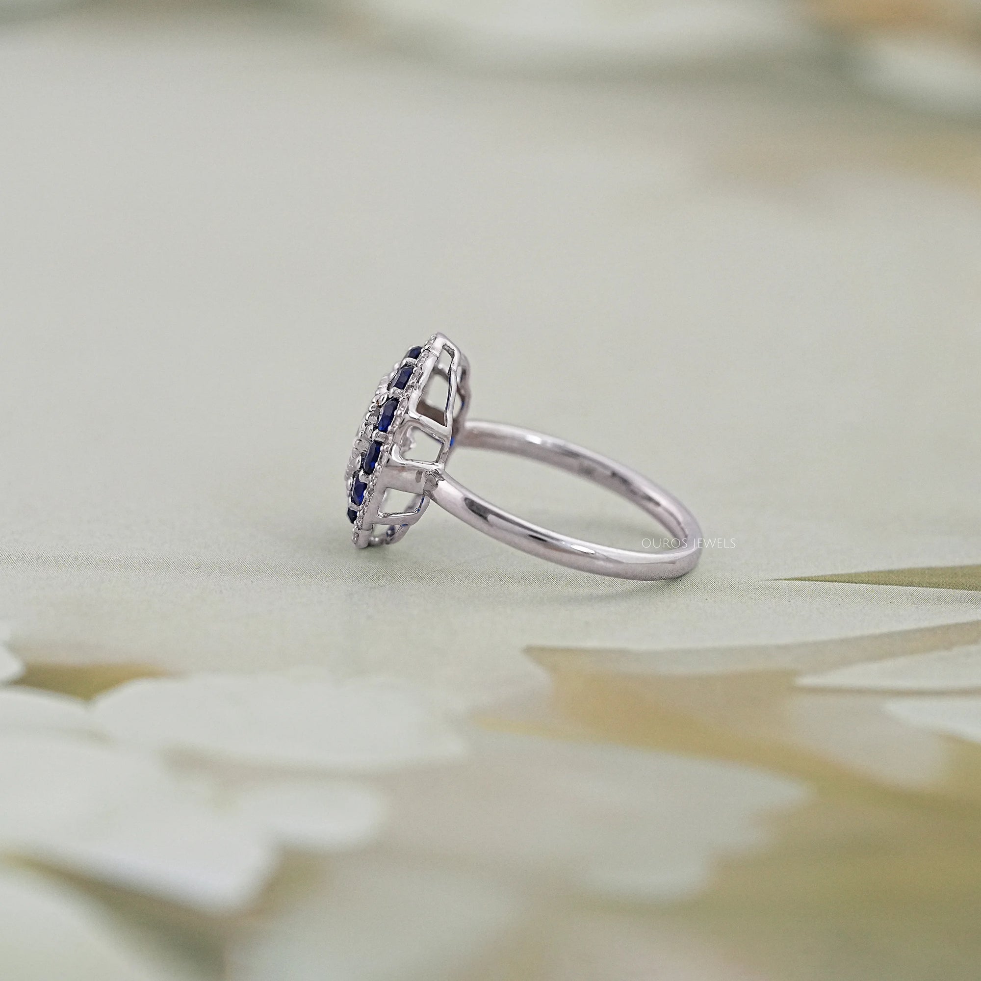 Old European Round Cut Sapphire Halo Engagement Ring Rings