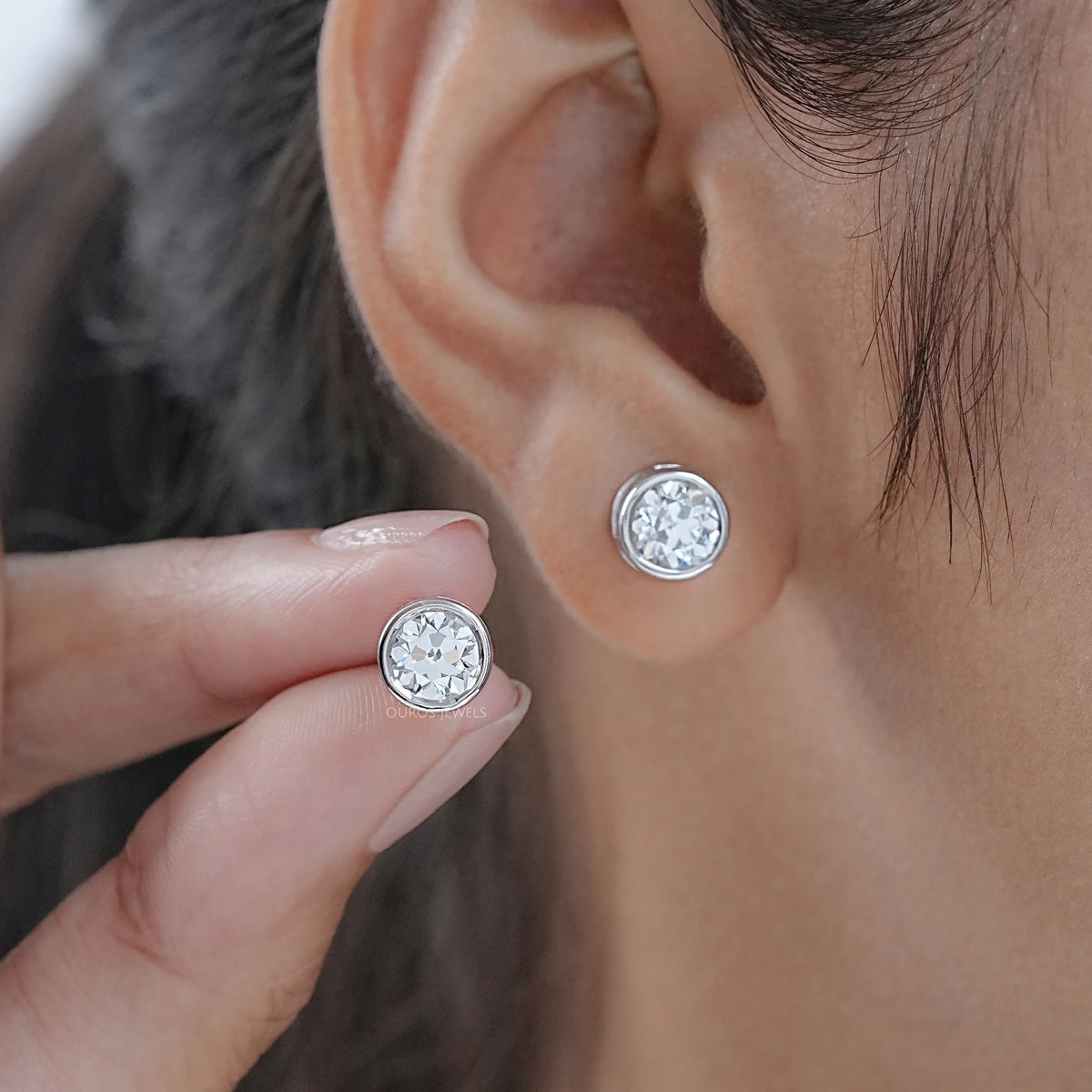 Old European Round Diamond Bezel Set Stud Earrings Earrings