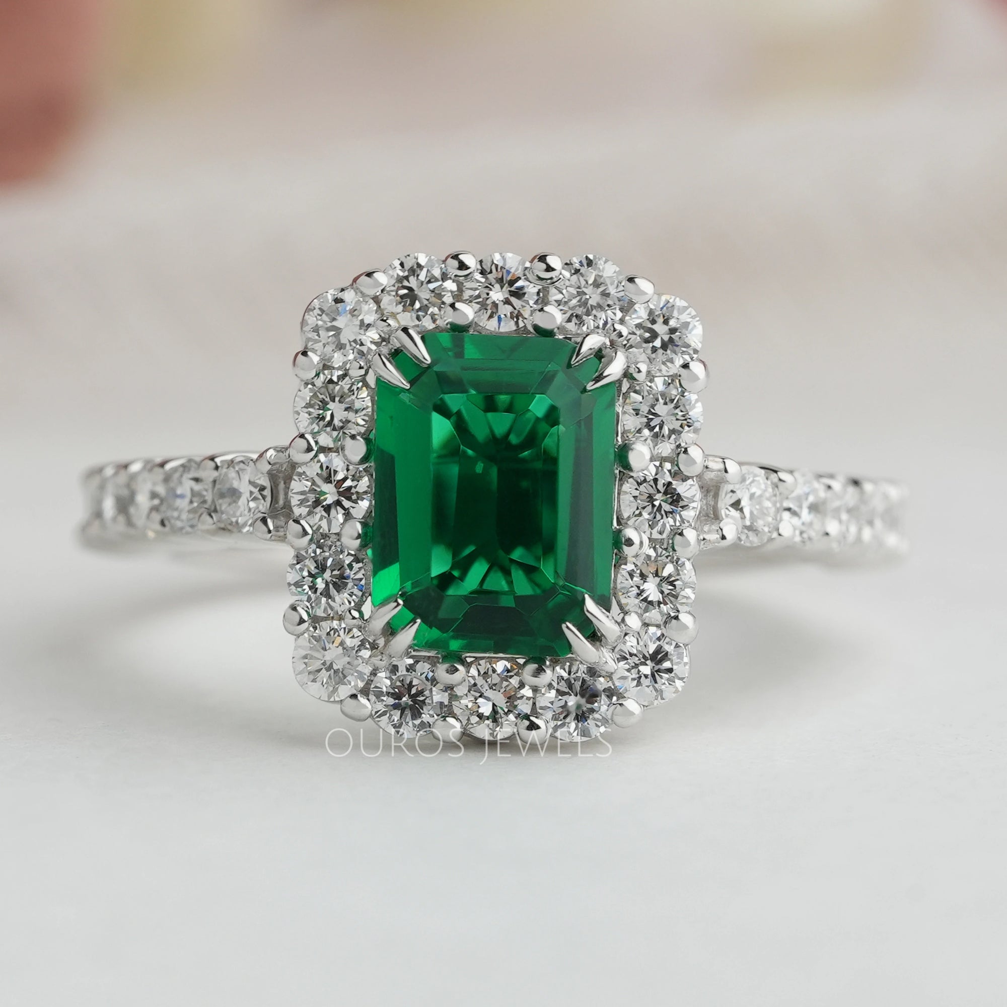 Green Emerald Cut Halo Lab Diamond Engagement Ring