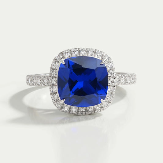Natürlicher Blauer Kissen Schliff Halo Diamant Verlobungsring