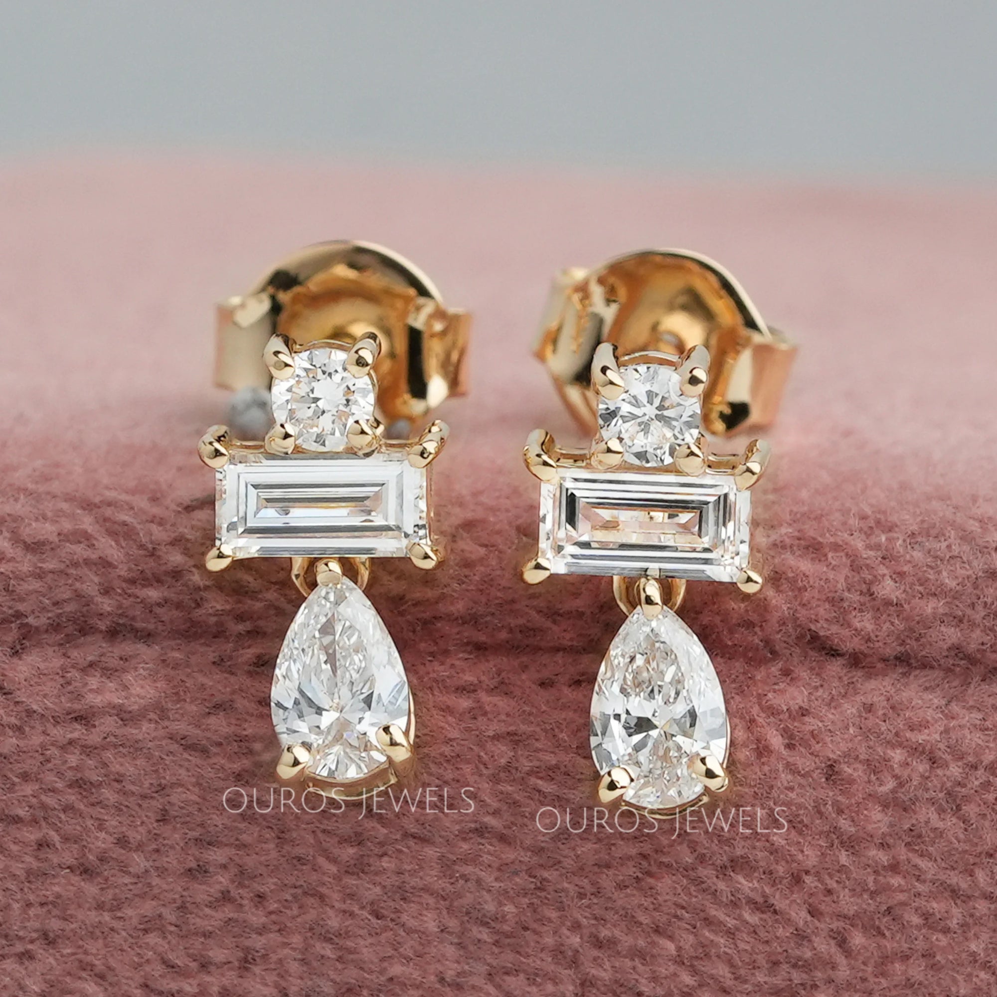 Pear and Baguette Cut Diamond Earrings