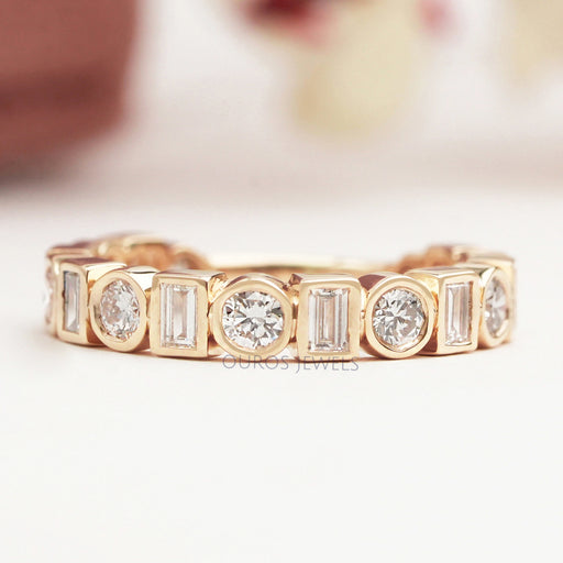 Baguette And Round Cut Diamond Bezel Set Wedding Band