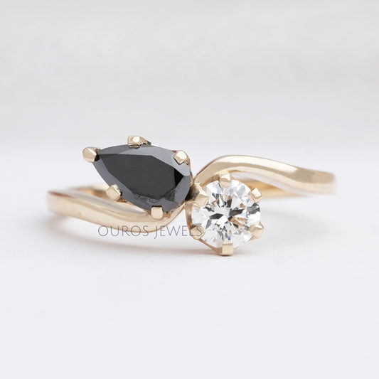 Natural Black Pear Cut Lab Grown Diamond Two Stone Ring