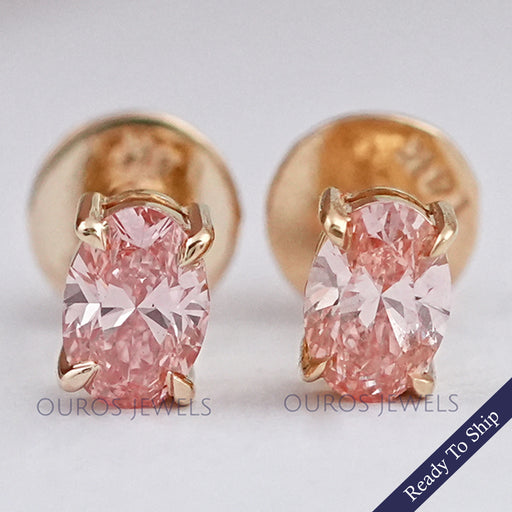 Fancy Pink Stud Earrings, 14K Yellow Gold Oval Stud Earrings