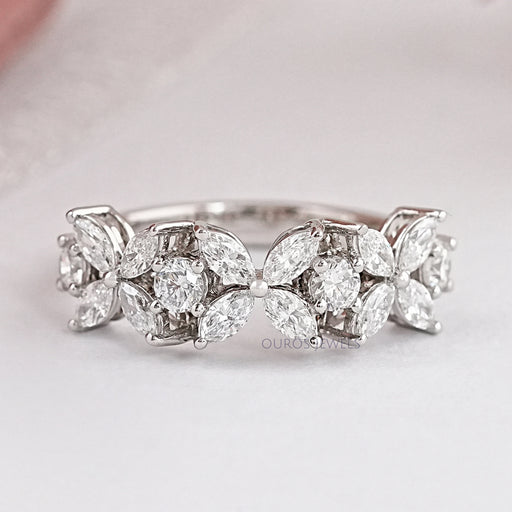 Marquise And Round Cut Diamond Flower Wedding Band Rings