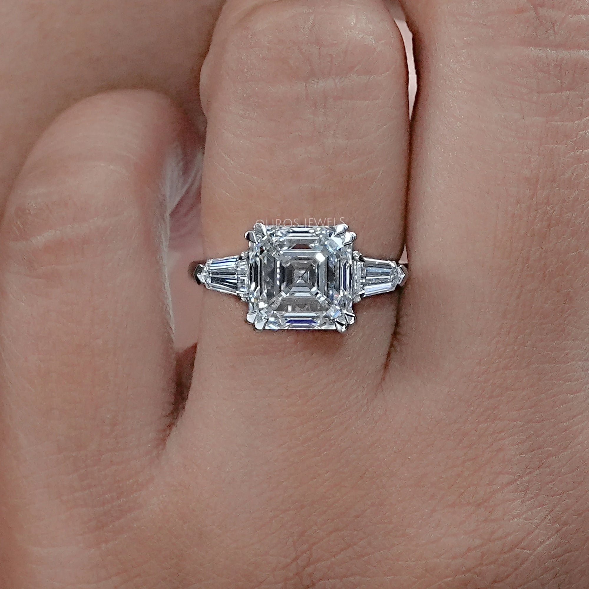 Asscher Diamond Three Stone Engagement Ring Rings