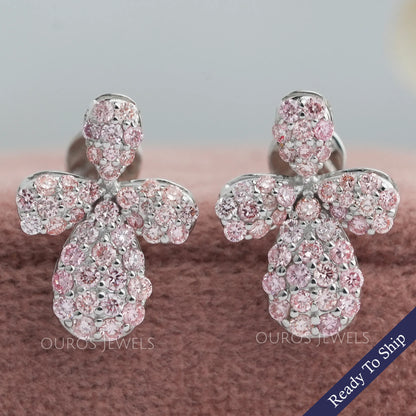 Floral Shape Pink Round Cut Push Back Stud Earrings