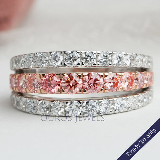Pink Round Cut Lab Grown Diamond Triple Row Band
