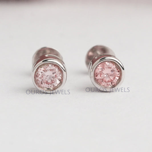 Bezel Set Pink Round Cut Diamond Earrings Earring