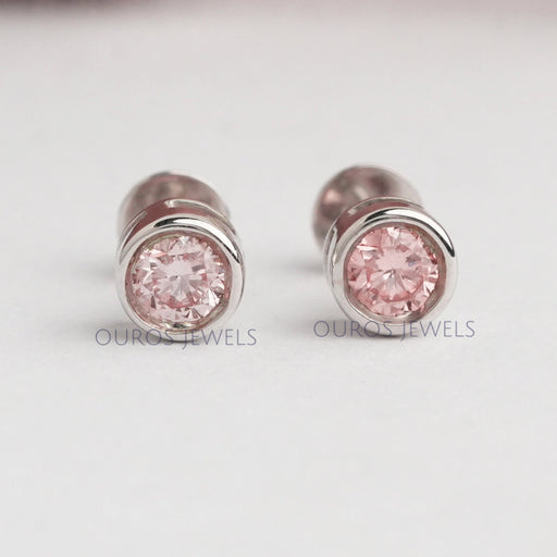Bezel Set Pink Round Cut Diamond Earrings Earring