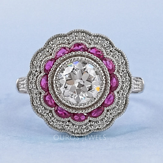 Old European Round Cut & Pink Halo Half Moon Gemstone Ring Rings