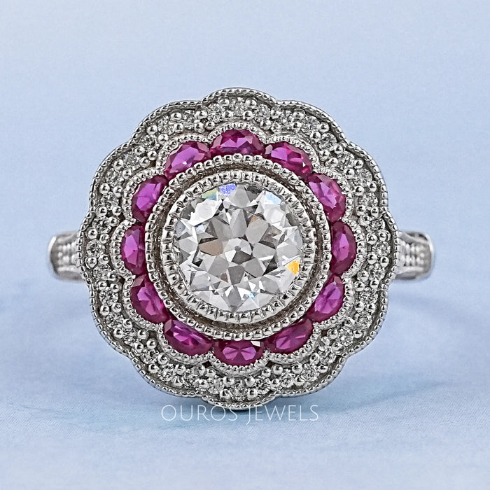 Old European Round Cut & Pink Halo Half Moon Gemstone Ring Rings