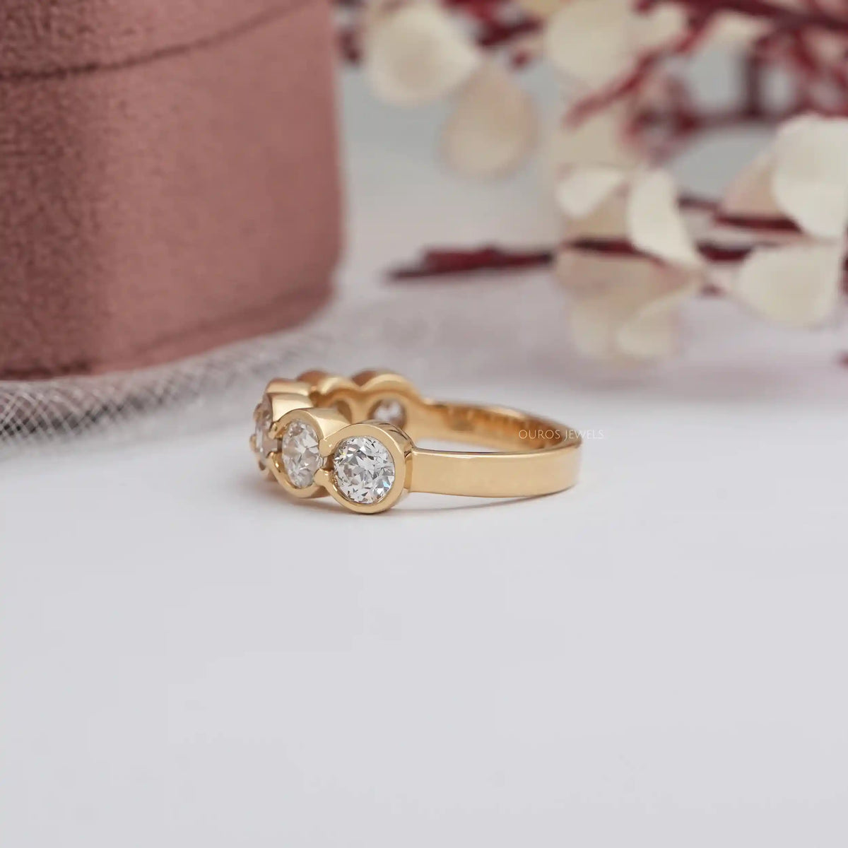 OEC Round Cut Lab Diamond Half Eternity & Half Bezel Set Band Ring