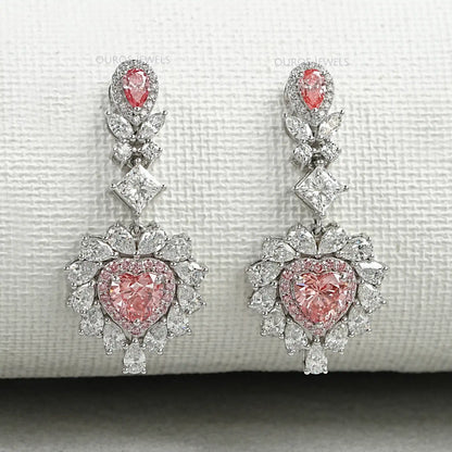 Pink Heart Cut Double Halo Drop Dangle Earrings Earrings