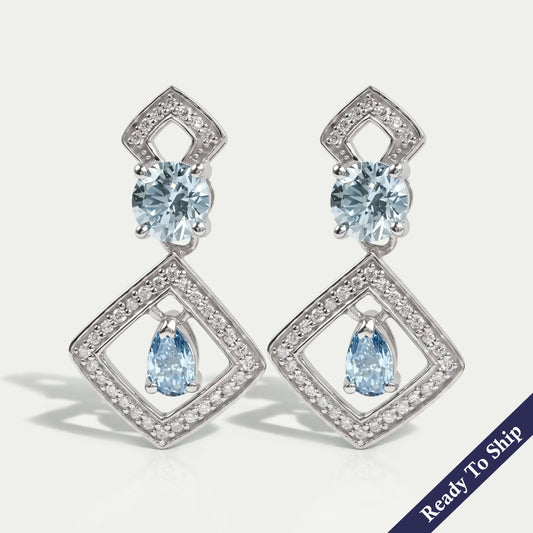 Blue Pear And Round Lab Diamond Drop Earrings