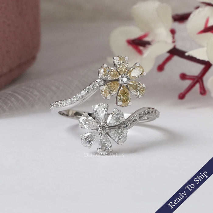 Yellow Pear Shape Lab Diamond Flower Style Bypass Ring Ring