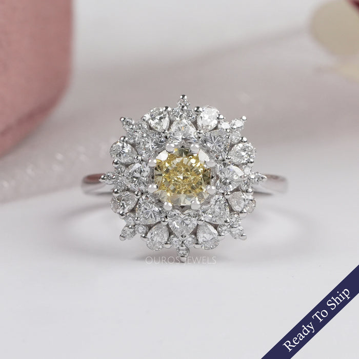 Yellow Cushion Cut Lab Diamond Sunburst Cluster Set Halo Ring Ring
