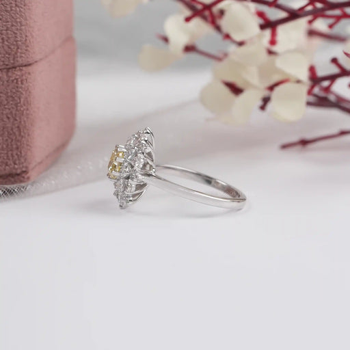 Yellow Cushion Cut Lab Diamond Sunburst Cluster Set Halo Ring Ring
