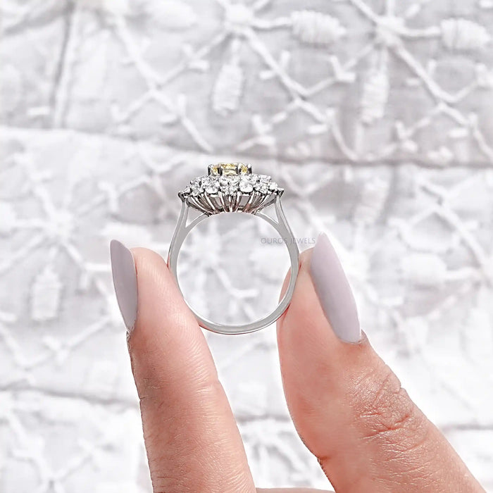 Yellow Cushion Cut Lab Diamond Sunburst Cluster Set Halo Ring Ring