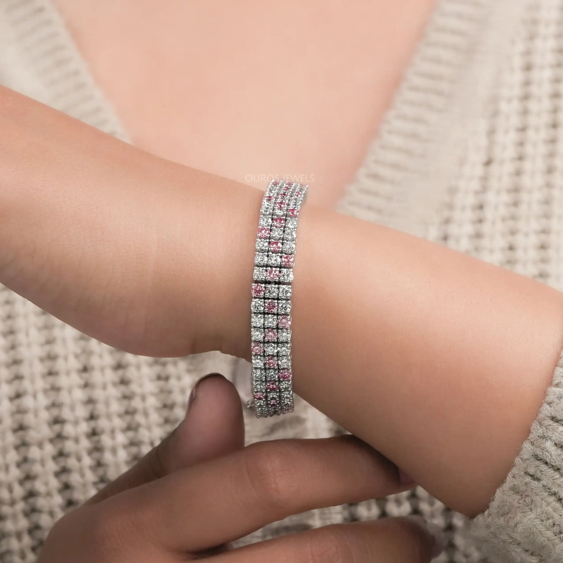 Three Row Pink Round Diamond Tennis Bracelet Bracelet