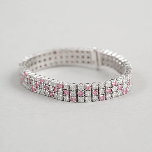 Three Row Pink Round Diamond Tennis Bracelet Bracelet