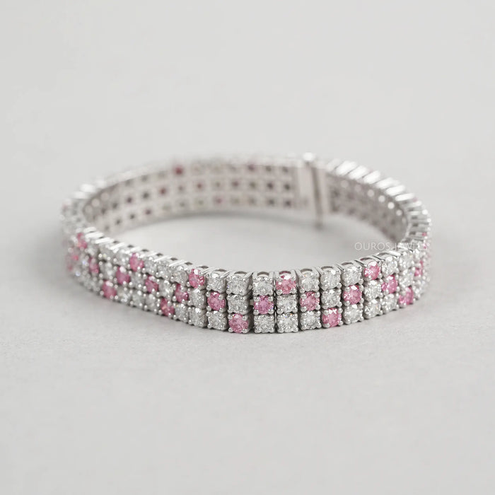 Three Row Pink Round Diamond Tennis Bracelet Bracelet