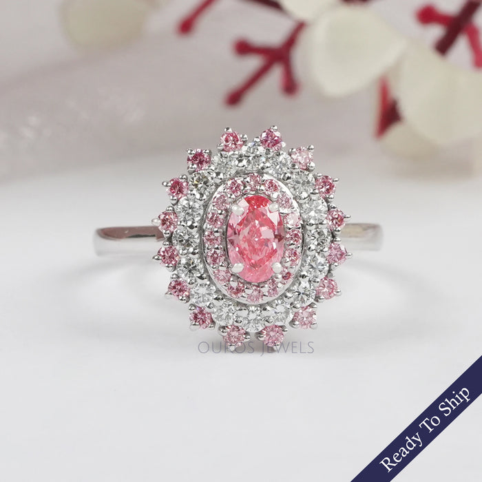 Pink Oval Cut Lab Diamond Double Halo Engagement Ring Ring