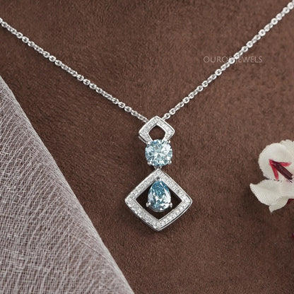 Blue Pear Diamond Halo Floating Pendant Necklaces