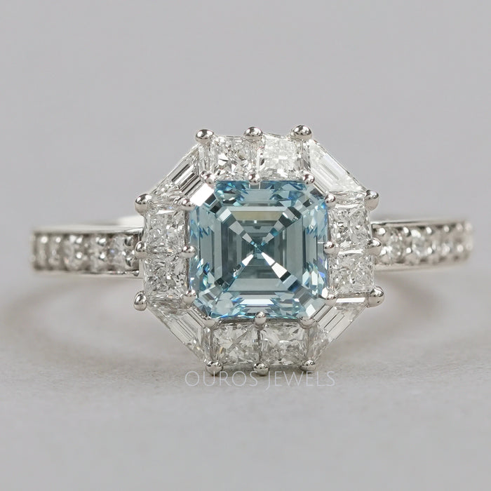 Fancy Blue Asscher Cut Halo With Accent Lab Diamond Ring Rings