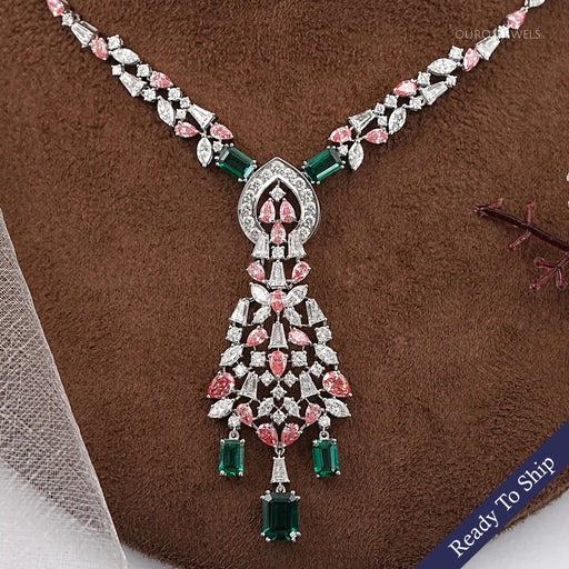Pink Pear Diamond and Emerald Gemstone Bridal Necklace Necklaces