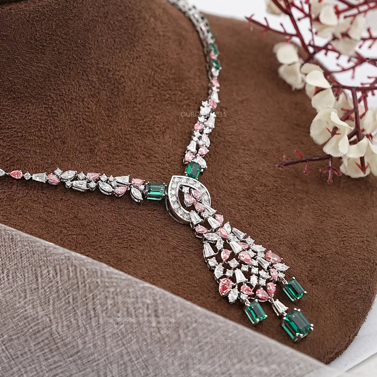 Pink Pear Diamond and Emerald Gemstone Bridal Necklace Necklaces