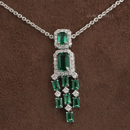 Green Emerald Halo Diamond Chandelier Necklace Set Necklaces
