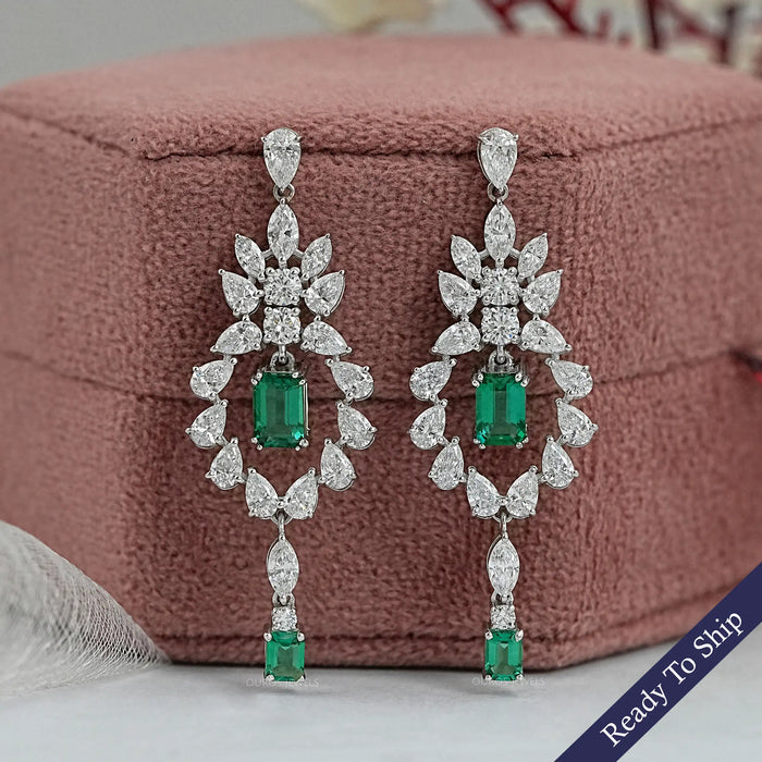 Green Emerald And Lab Diamond Dangle Earrings Earrings