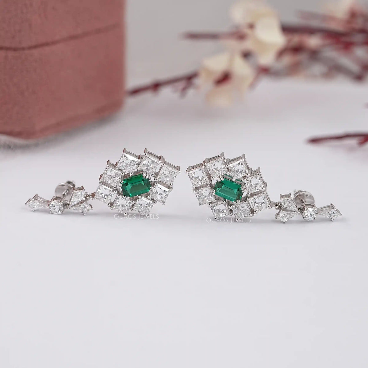 Green Emerald And Princess Diamond Halo Earrings Earrings
