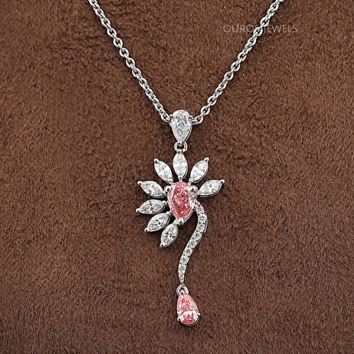 Pink Pear Flower Shape Diamond Pendant Necklaces