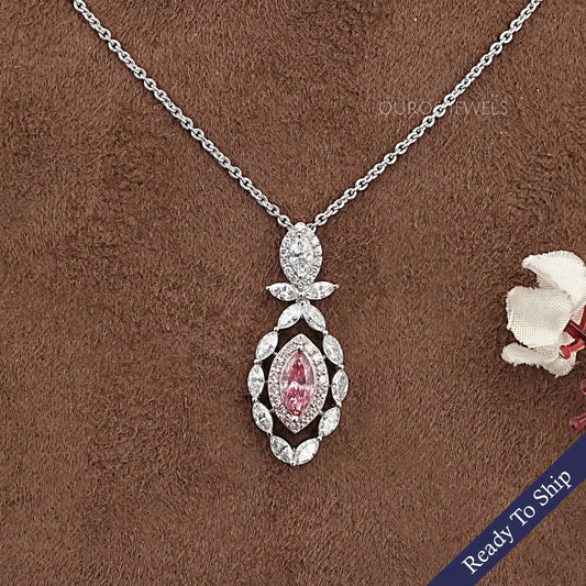 Pink Marquise Lab Diamond Double Halo Pendant Necklaces