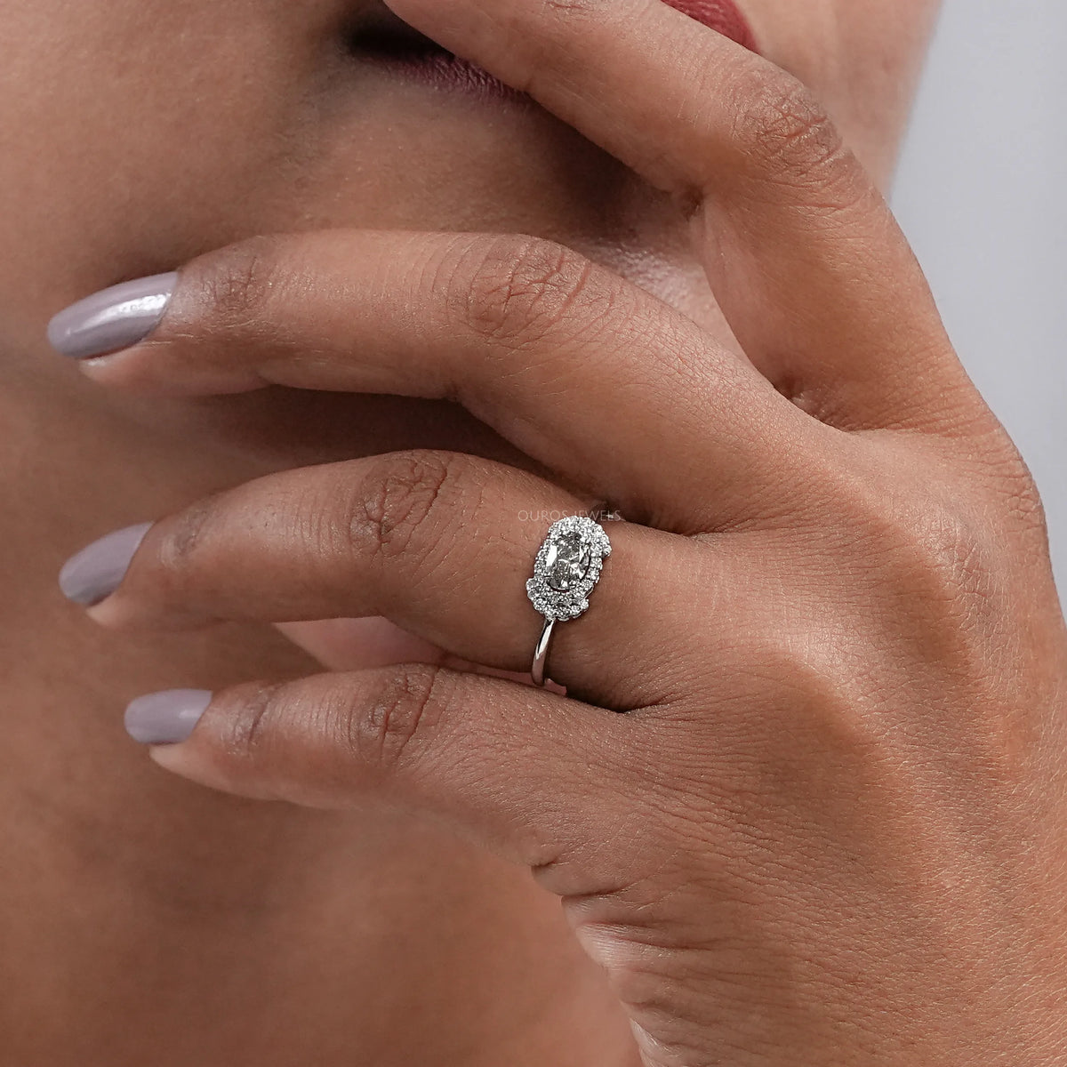 Oval Shape Olive Diamond Halo Ring Ring