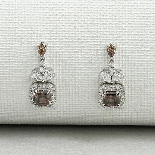 Champagne Asscher Cut Halo Dangle Earrings Earrings