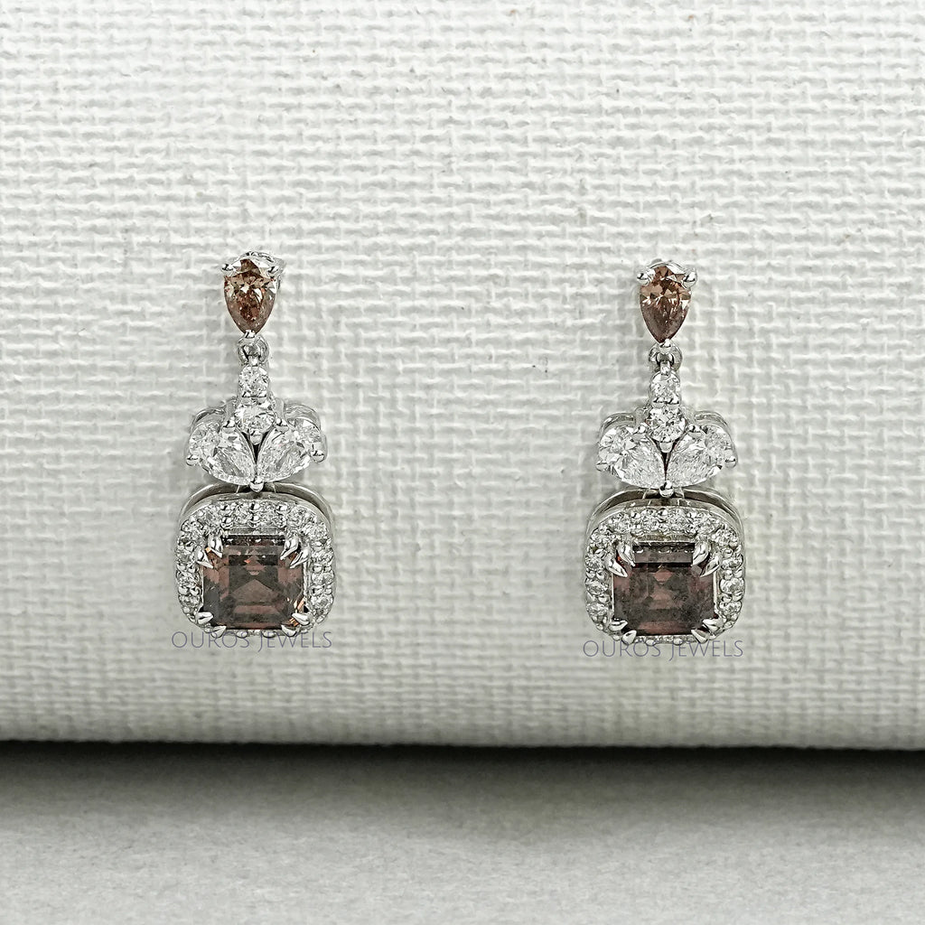 Champagne Asscher Cut Halo Dangle Earrings Earrings