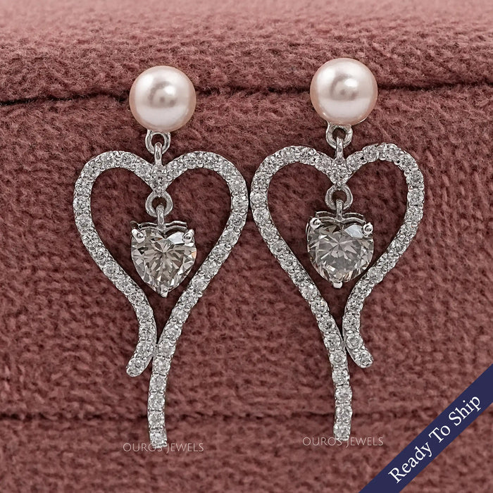 Olive Heart Diamond Pearl Drop Earrings