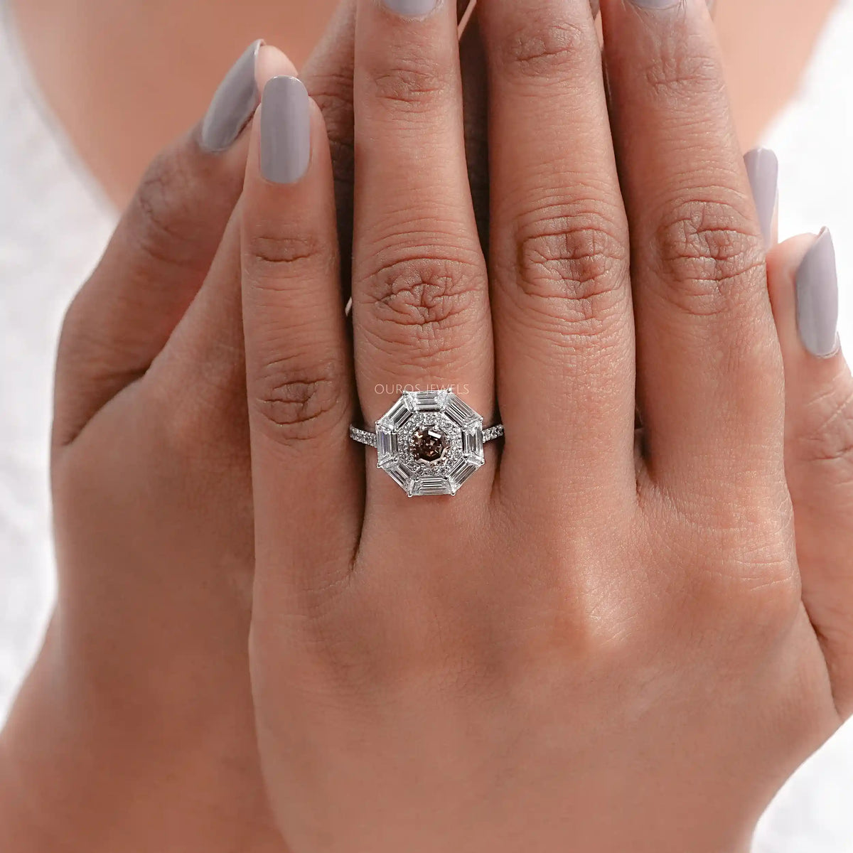 Fancy Brown Octagon Cut Lab Diamond Double Halo Ring Ring
