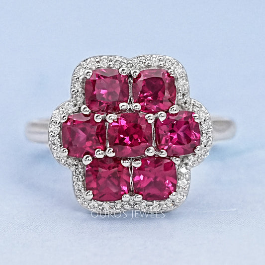 Red Ruby Cushion Shape Floral Halo Engagement Ring Ring