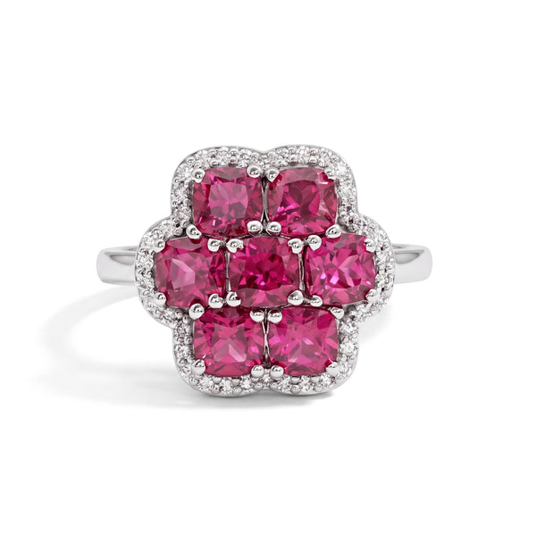Red Ruby Cushion Shape Floral Halo Engagement Ring