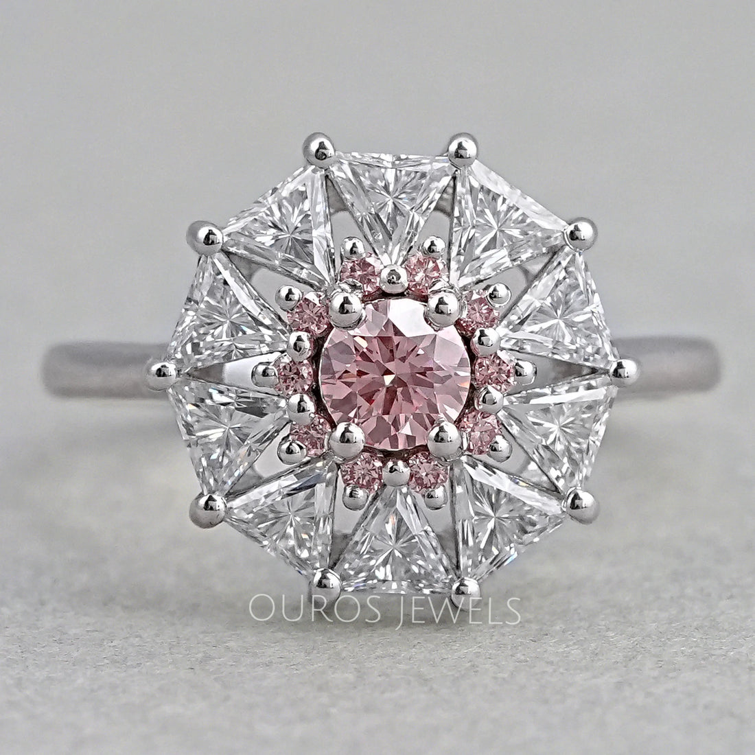 Pink Round Cut Halo Triangle Engagement Ring Rings